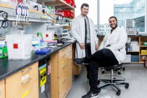 Two scientists in lab coats in a laboratory