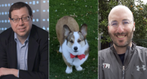 two men and a Corgi dog