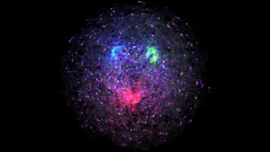 illustration of the proton made up of red, green, and blue Valence quarks and lines and dots