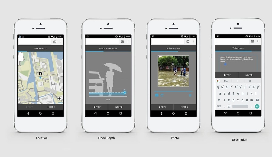 Four cell phone screen shots depicting how a user uploads location, flood depth, photo, and description to RiskMap.us