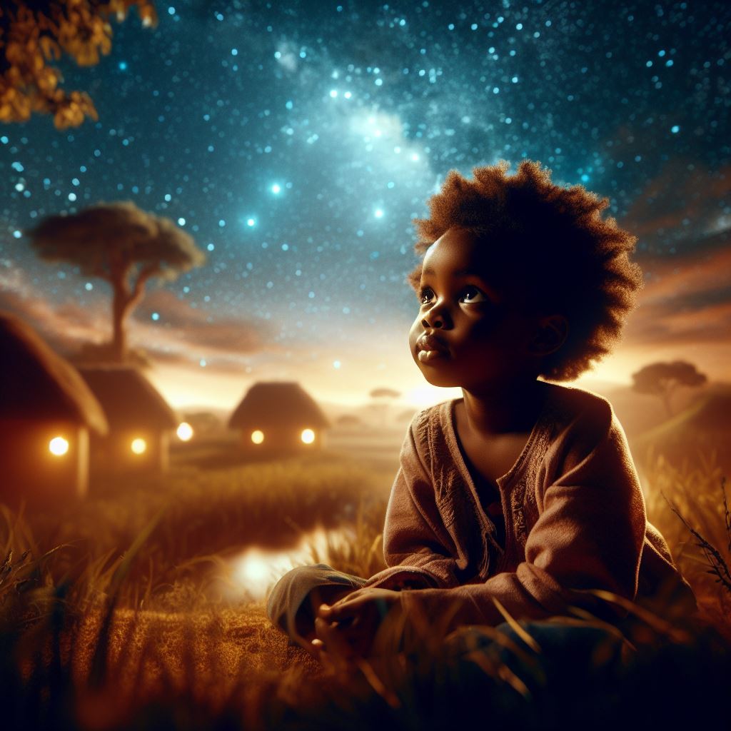 Image of a young black girl gazing up at a star-filled sky, generated by Morgane König using DALL-E, a generative AI program.